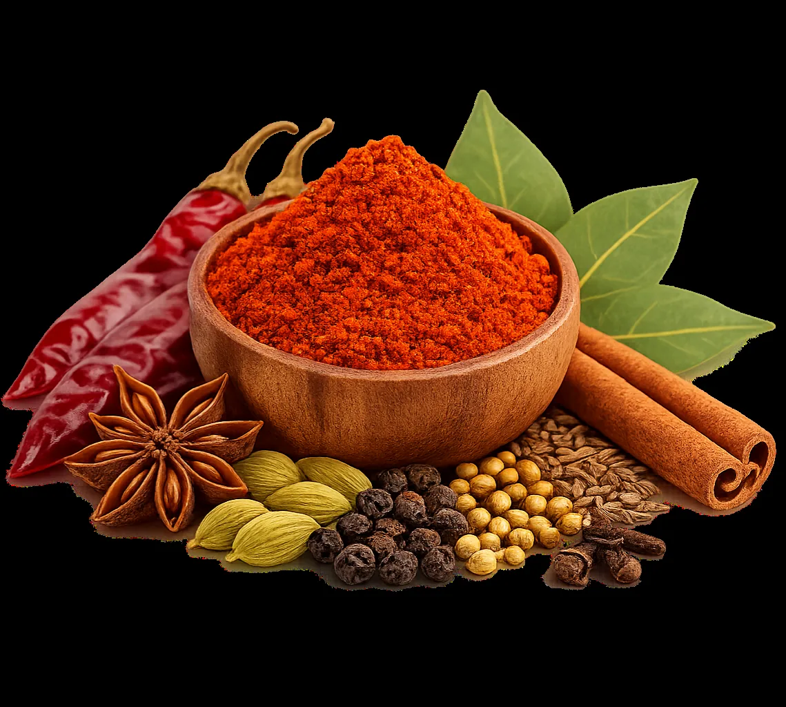A wooden bowl of freshly stone-hammered red chilli powder with whole spices