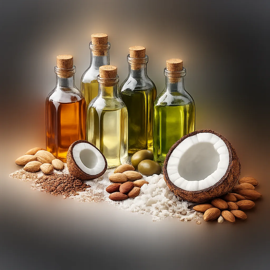 Glass bottles of cold-pressed oils with natural ingredients